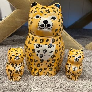 Brand new Pier 1 Cheetah Cookie Jar with Salt and Pepper Shakers